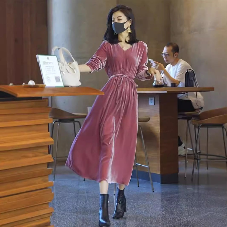 Velvet Long Sleeve Slim Fit Autumn Dress Women 2025