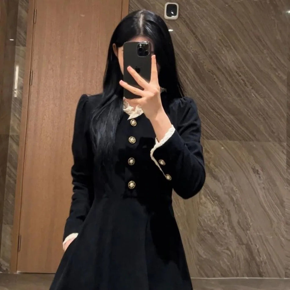 Black Corduroy Midi Dress Women Plus Size 2025 Autumn