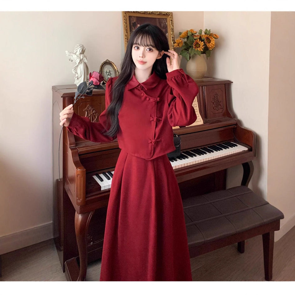Red Chinese Style Two-Piece Dress Women Autumn Winter