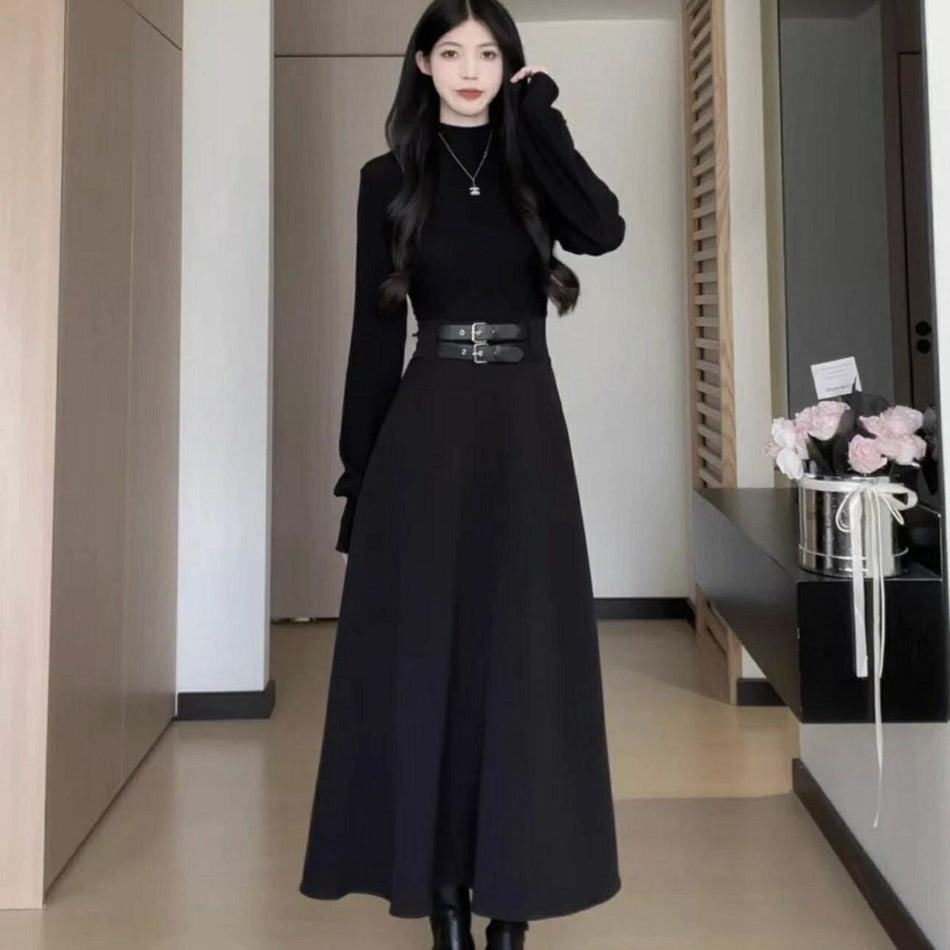 Plus Size Black High Collar Slim Fit Dress Women 2025