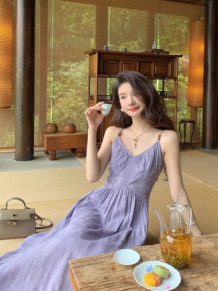 Purple Suspender Beach Dress Women Summer Slim Fit