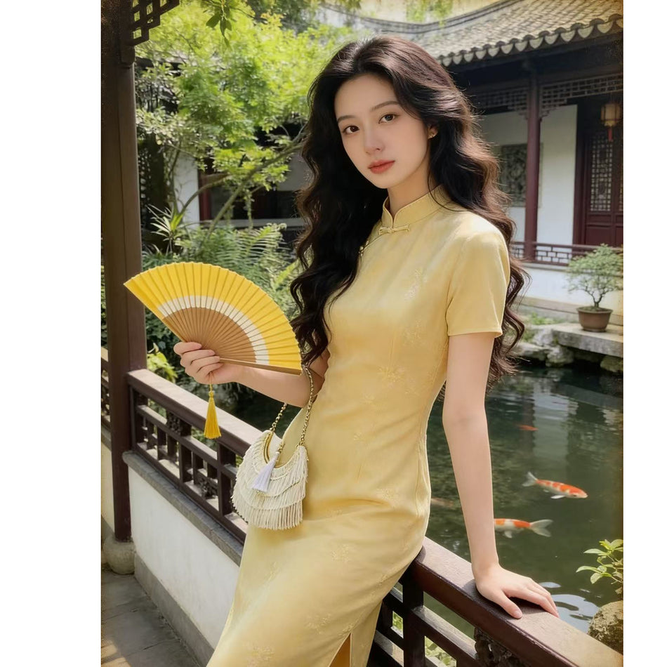 Yellow Cheongsam Floral Dress Women Plus Size Elegant