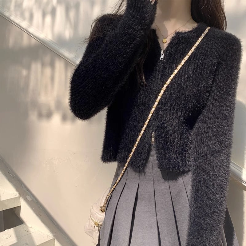 Mohair Zipper Cardigan Sweater Women Slim Fit Autumn