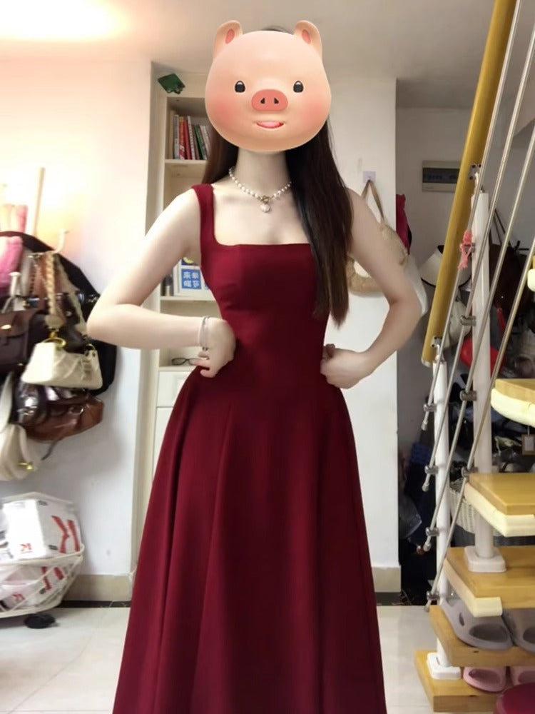 Red French Hepburn A-Line Strap Dress Women Summer