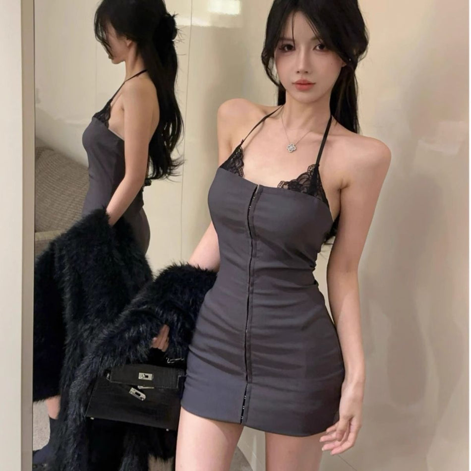 Black Lace Strap Slim Fit Sheath Dress Women 2026