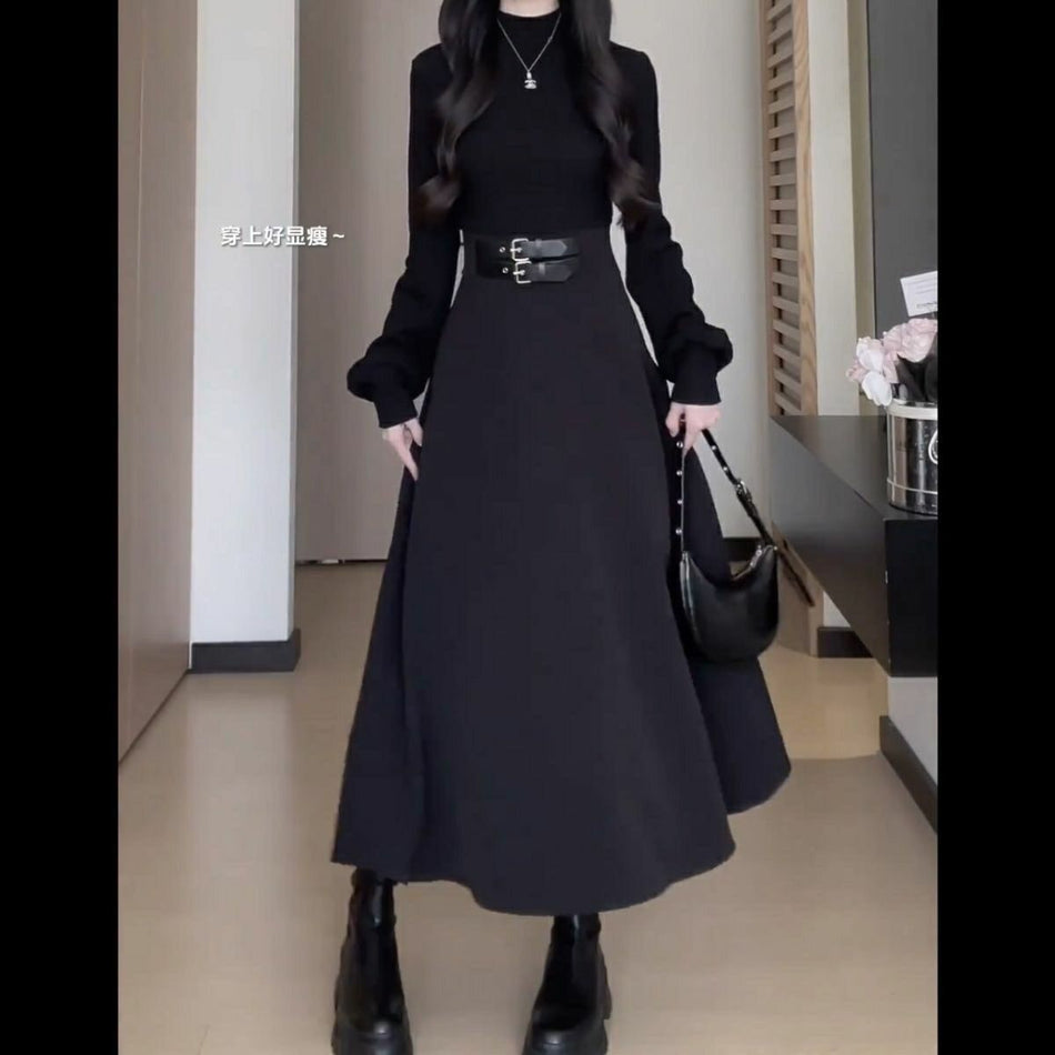 French Black Slim Fit Inner Dress Women Autumn Winter