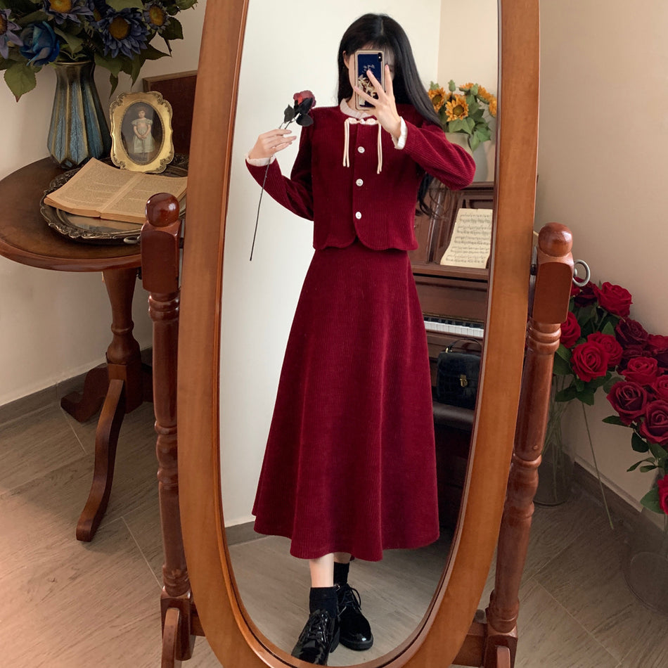 French Chanel Style Red Corduroy Skirt Set Women