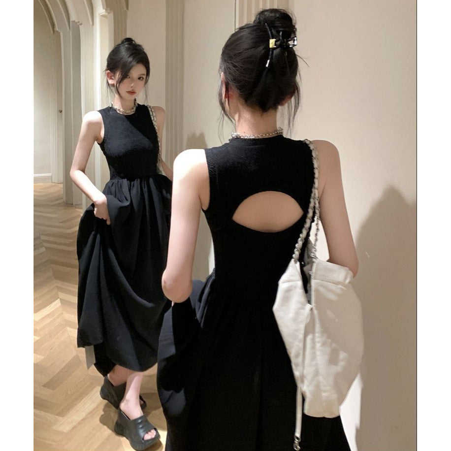 Black French Retro Sleeveless Knee-Length Dress Women