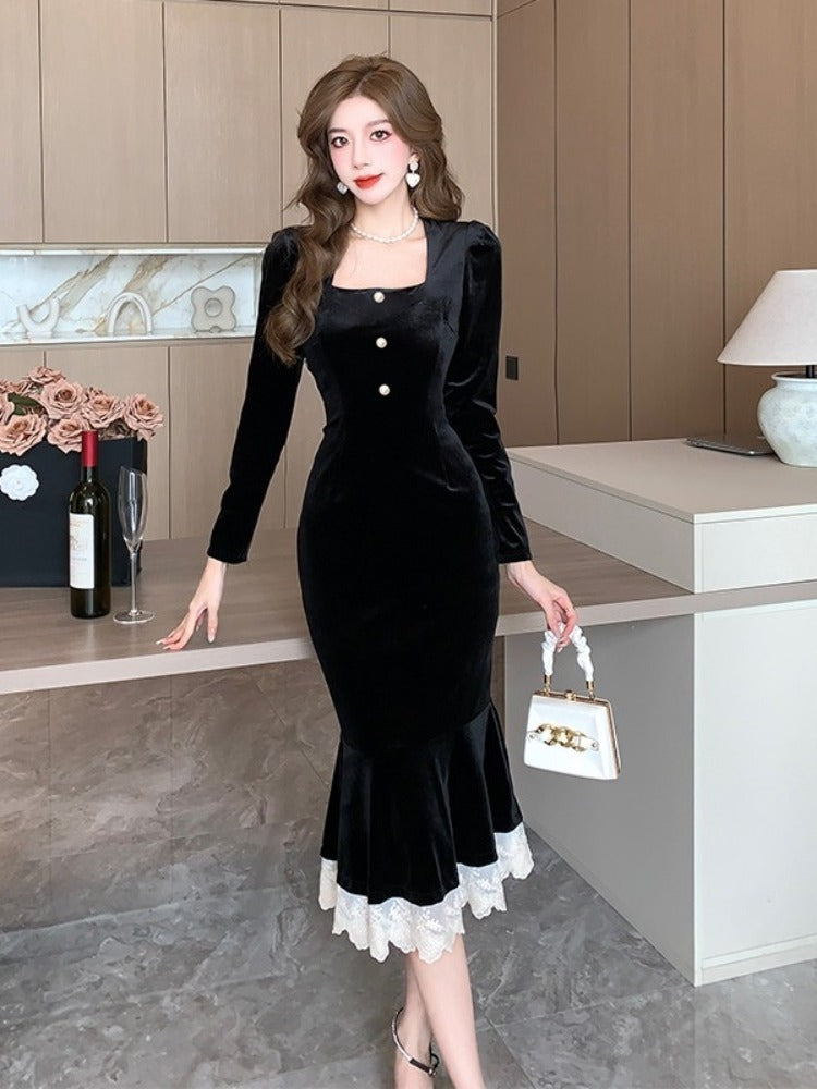 French Square Neck Velvet Midi Dress Women Winter