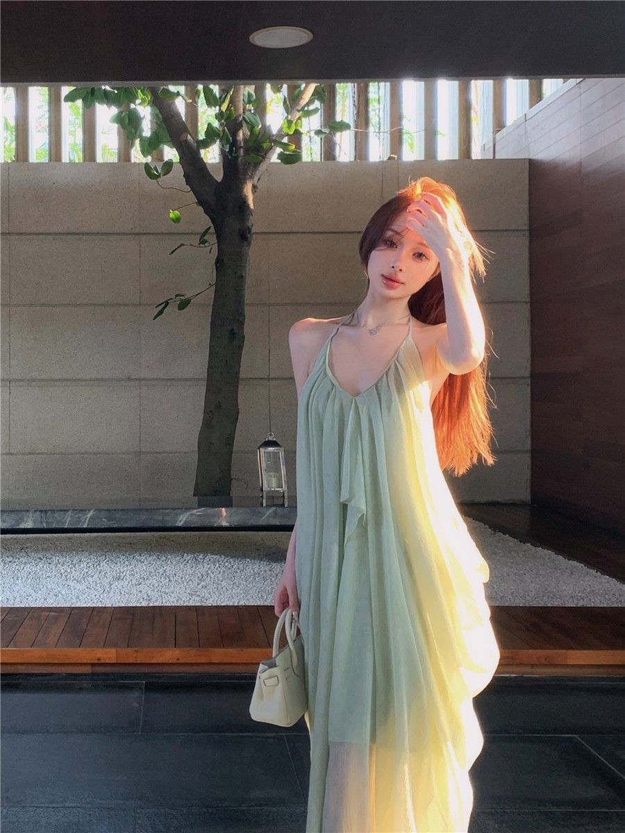 Green Backless Halter A-Line Summer Dress Women