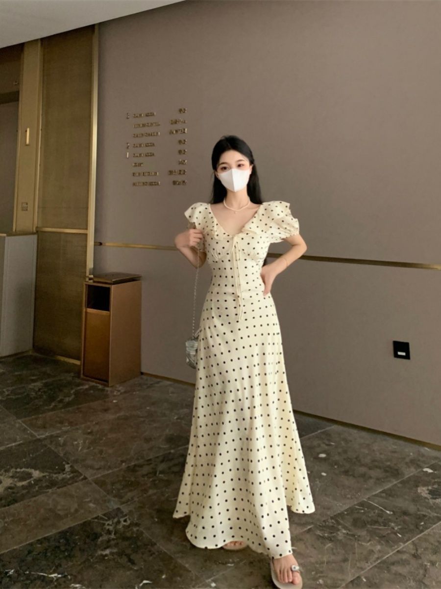 French Polka Dot Bubble Sleeve Summer Dress Women