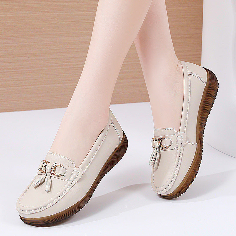 Women Thick Sole Cowhide Slip-On Loafers Shoes