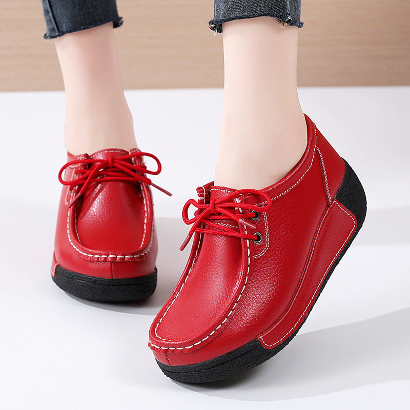 Women Cowhide Thick Sole Lace-Up Sneakers