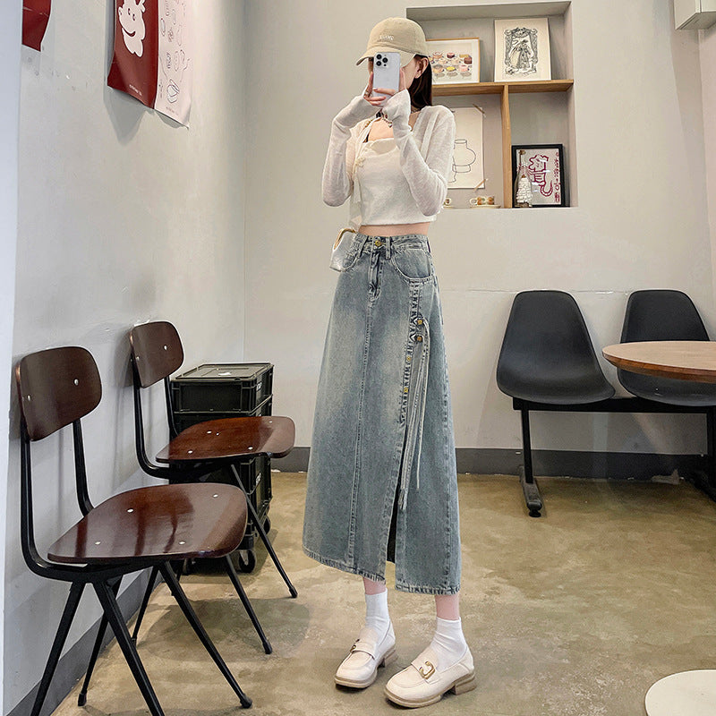 "New Chinese Style" Denim Skirt | Spring High-Waist Guofeng A-Line Split Midi