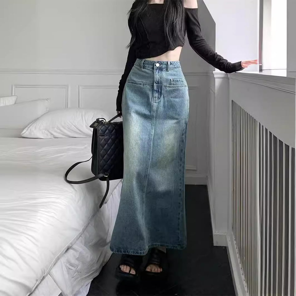 Vintage "Hong Kong Style" Denim Midi | Slimming High-Waist A-Line Split Skirt