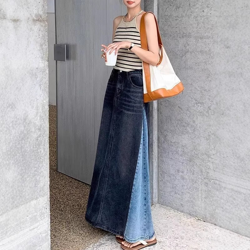 The Shadow-Contrast – Black "Spliced" Denim Midi | Waist Slimming Skirt