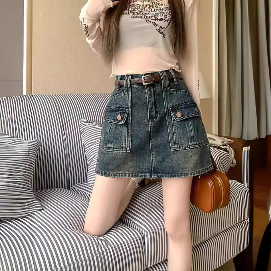 American "Workwear" Denim Mini | High-Waist A-Line "Ins Style" Pocket Skirt