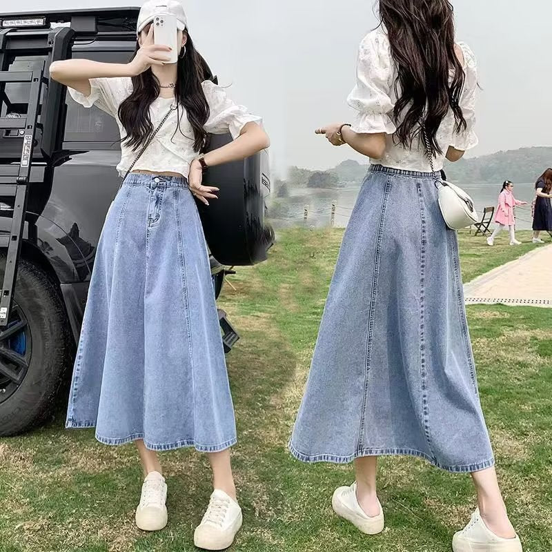 Half-Elastic High-Waist Denim Midi | Autumn "Small Style" American Retro A-Line Skirt
