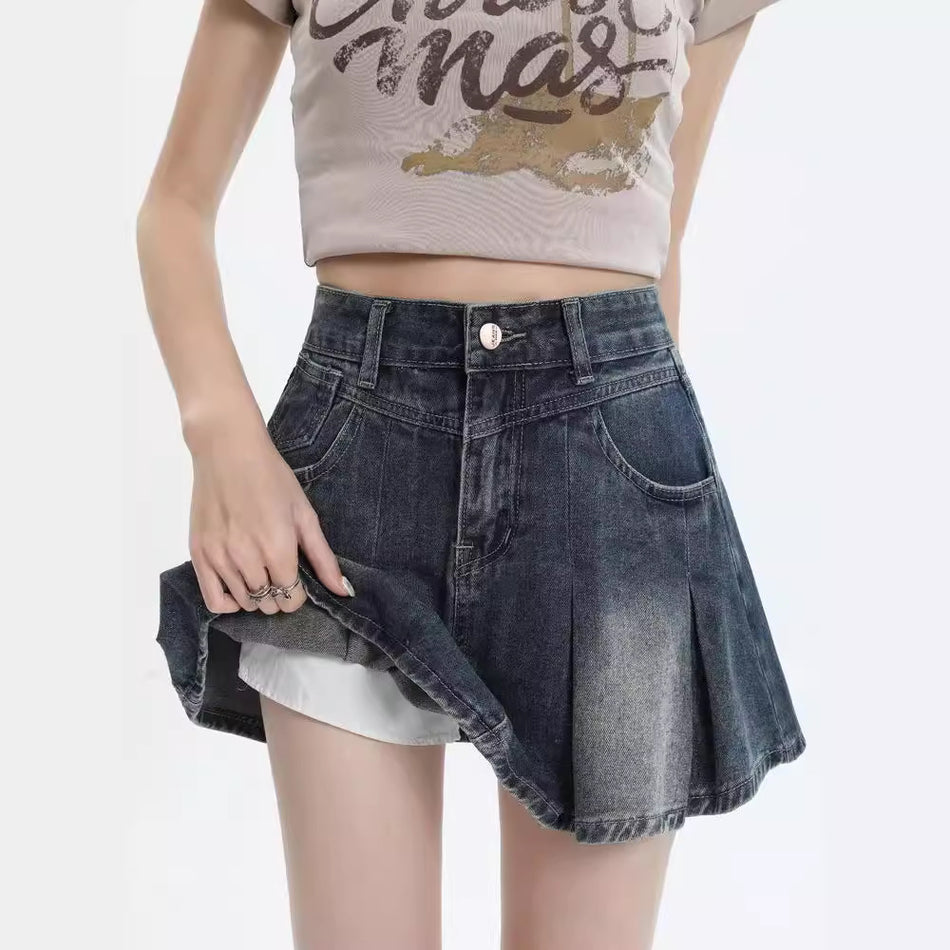 American Retro Denim Pleated Skirt | Small Design Sense "A-Line" Summer Shorts-Skirt