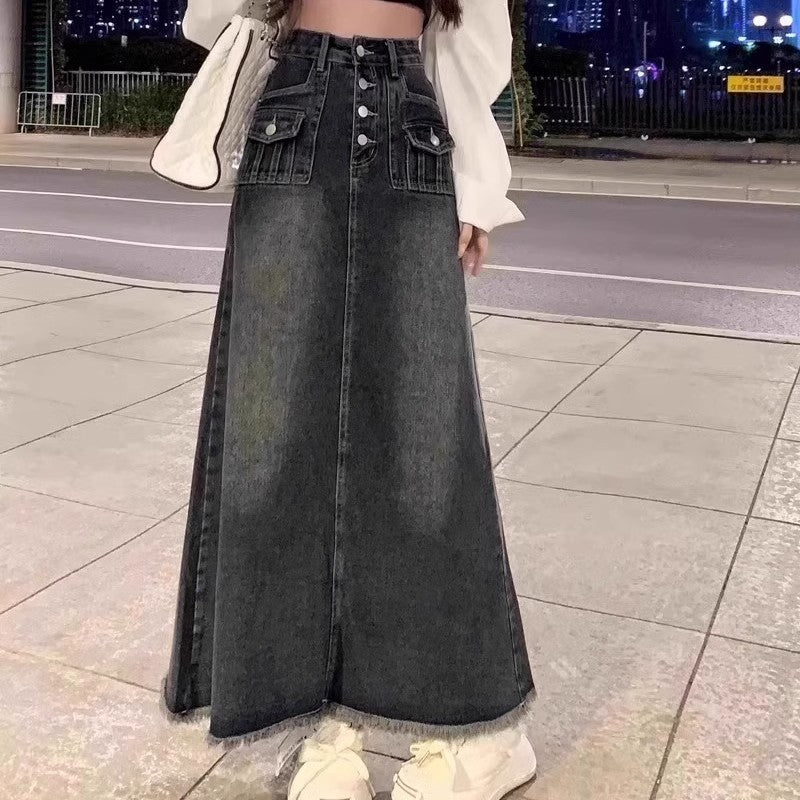 American Retro "Flesh-Covering" Midi | Plus-Size High-Waist Umbrella Denim Skirt