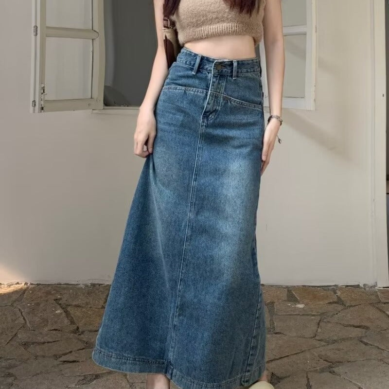 Large Size "Visual Slim" Denim Skirt | High-Waist Back-Slit A-Line Long Skirt