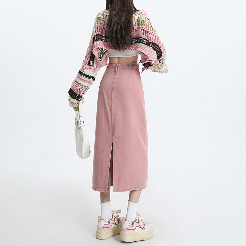 "Dirty Pink" American Retro Midi | Adjusted-Waist Slimming Split A-Line Skirt