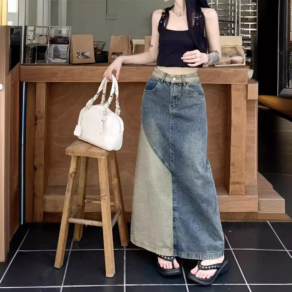 American "Stitch-Paneled" Denim Midi | Pear-Shaped Specialist High-Waist Rear-Split Skirt