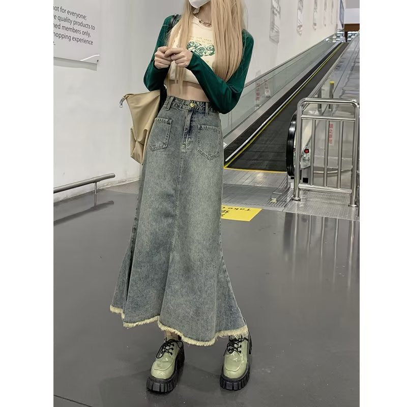 "Chubby Sister" American Retro Fishtail Midi | Spring New High-Waist A-Line Denim Long Skirt