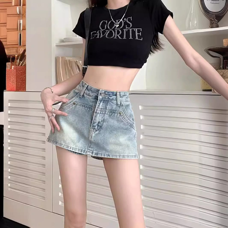 Vintage American "Anti-Slip" Denim Mini | High-Waist A-Line Slimming Hip Skirt