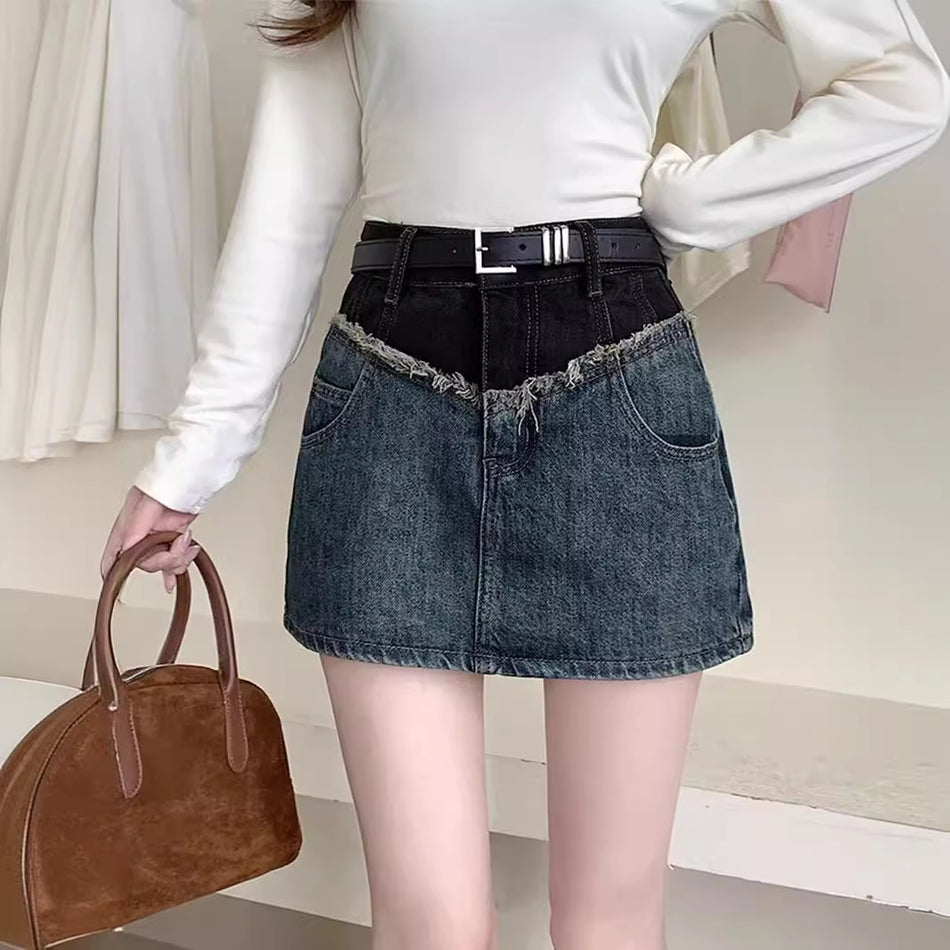 American "Hot Girl" Stitching Midi | Contrast-Color High-Waist Slimming A-Line Skirt
