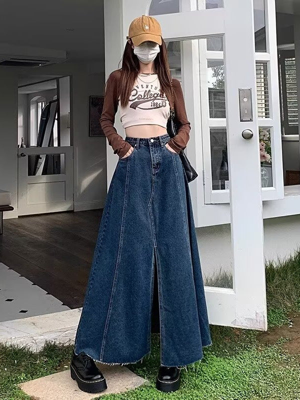 Hong Kong Retro Denim Midi | "Raw-Edge" Slit Slimming A-Line Skirt