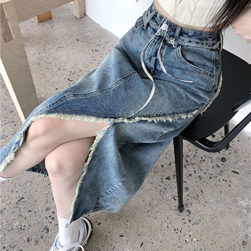 Irregular Slit Retro Midi | Spring/Summer High-Waisted Raw-Edge A-Line Hip Skirt