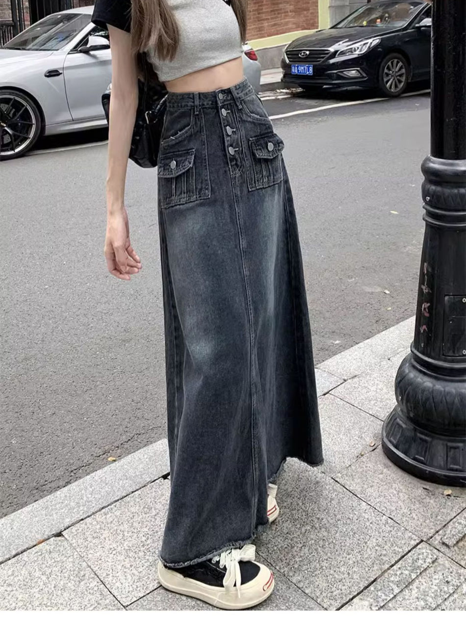 "Niche" Single-Breasted Denim Midi | Summer New Raw-Edge A-Line Long Skirt