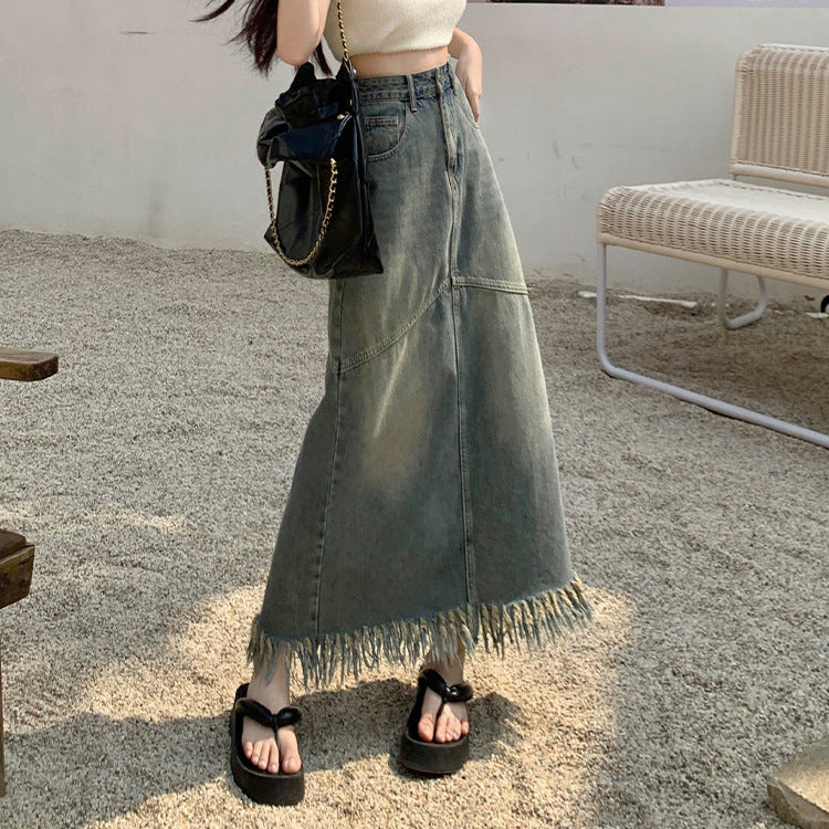 Vintage "Design Sense" Tassel Midi | Spring Split A-Line Fringe Hip Skirt