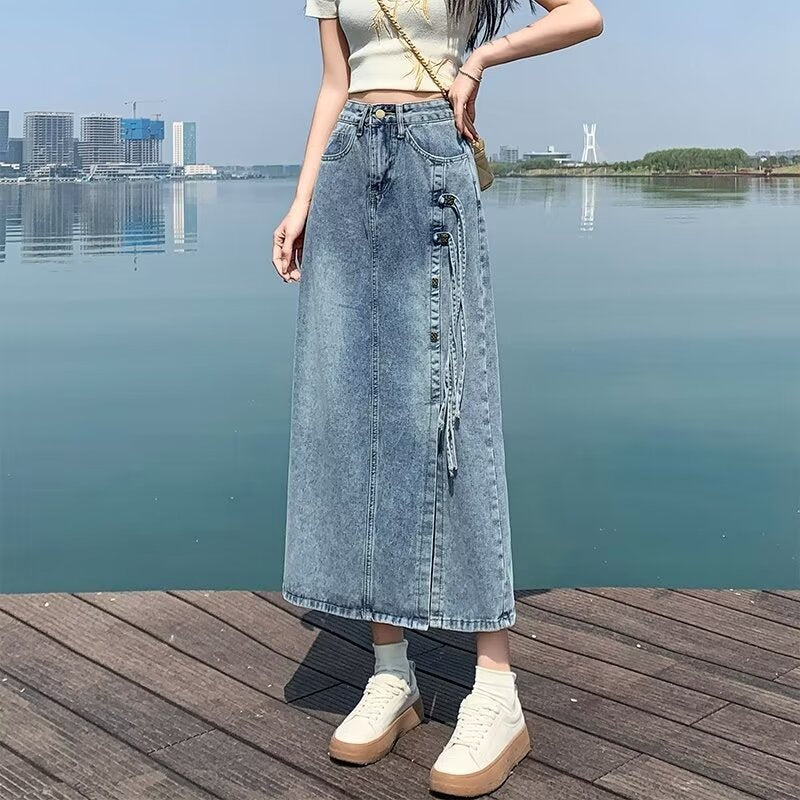"National Style" Plus-Size Denim Midi | Fat MM High-Waist Slit A-Line Spring/Summer Skirt