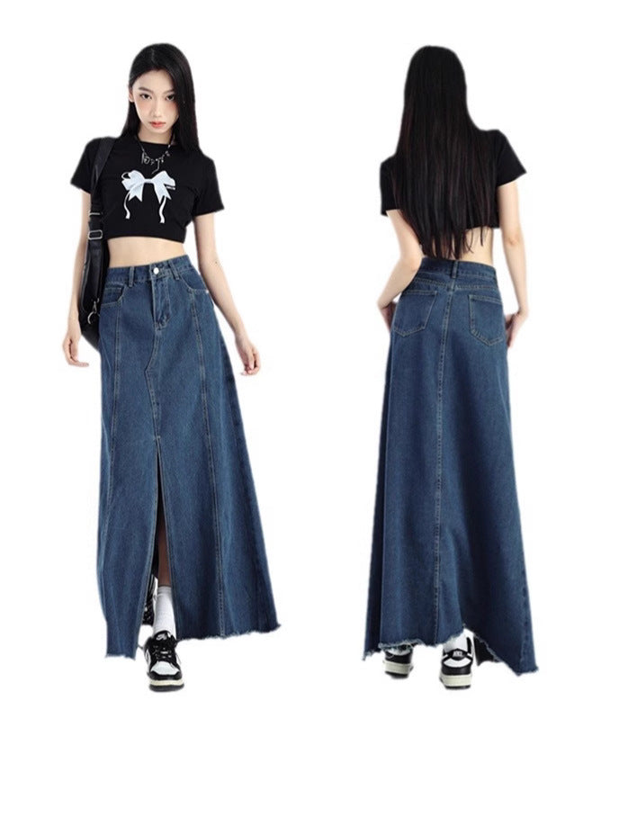 Hong Kong Retro Blue Midi | High-Waist "Arm-Wrapped" Slimming A-Line Slit Skirt