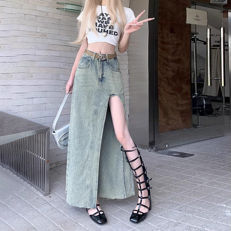 Vintage "Spice Girl" Split Midi | High-Waist Anti-Glare A-Line Slimming Mid-Length Skirt