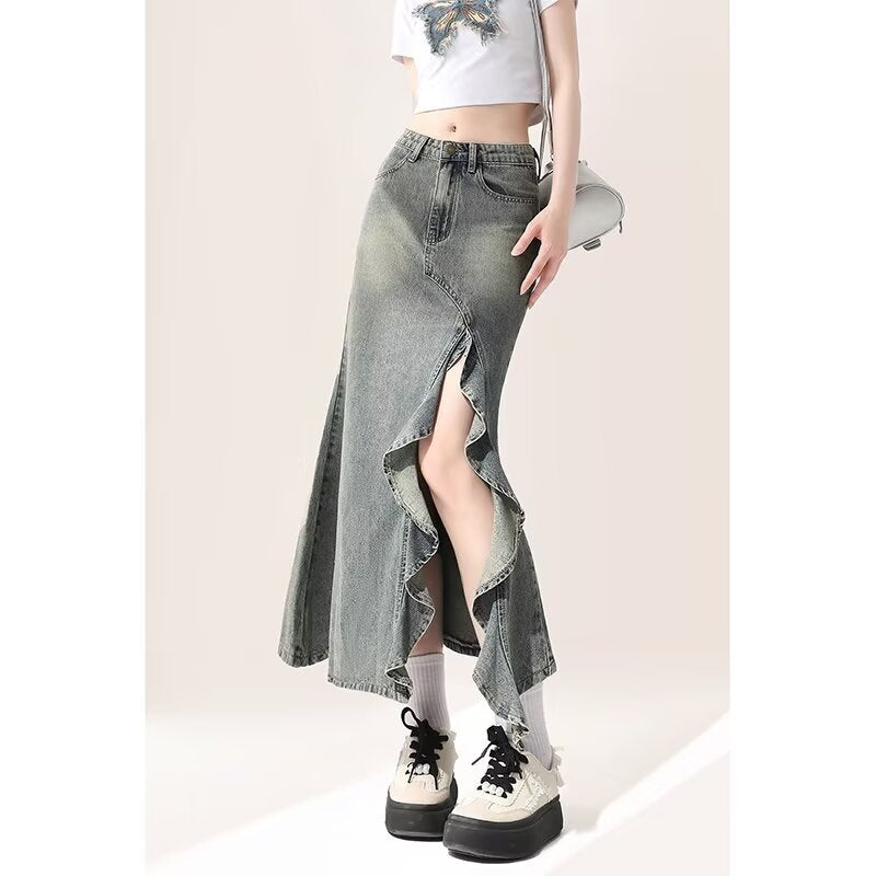 American "Niche" Irregular Fishtail | Retro Mid-Length Wave-Split High-Waist Denim Skirt