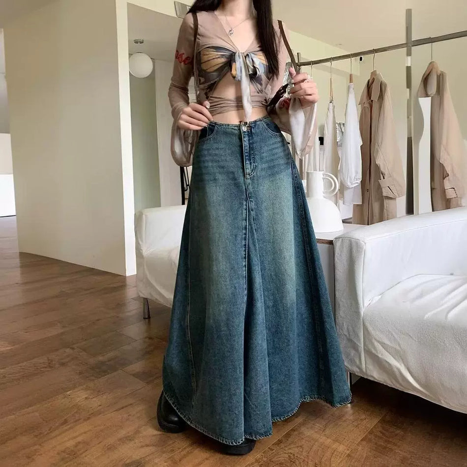 Autumn "Old-School" Denim Maxi | Chubby Girl High-Waist A-Line Large Swing Long Skirt