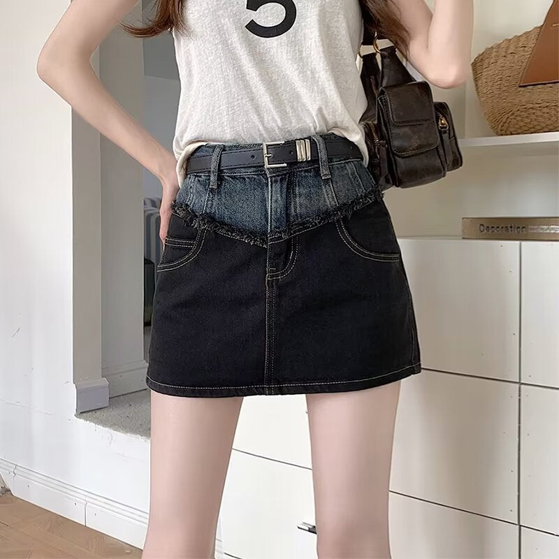 "Small Stitching" Contrast Denim Mini | Plus-Size Chubby Girl Summer High-Waist A-Line Skirt