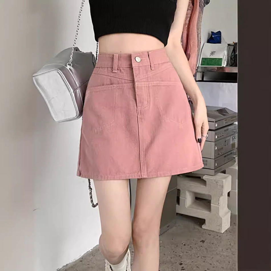 Pink American Style "Big & Small" Denim Midi | Plus-Size Chubby Girl & Junior High-Waist A-Line Skirt