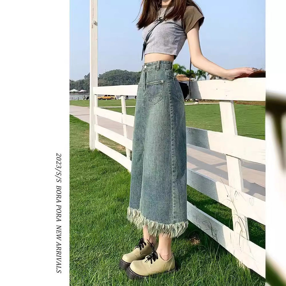 American Retro High-Waist Midi | Summer New Slimming A-Line Hip-Contour Denim Skirt