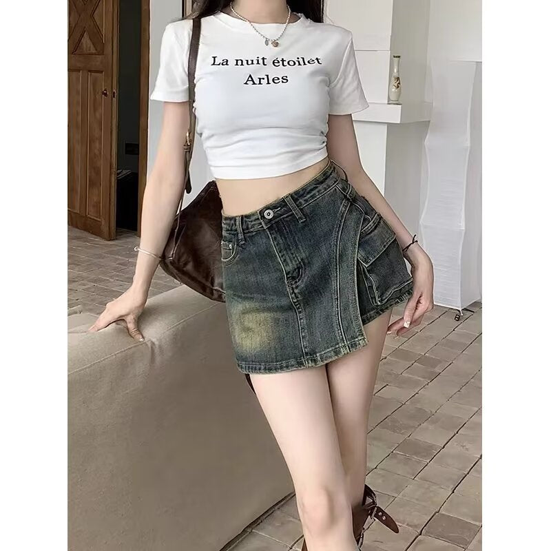 Vintage "Little Denim" Skort | American Style Irregular Hip-Sculpt High-Waist Anti-Light Culottes