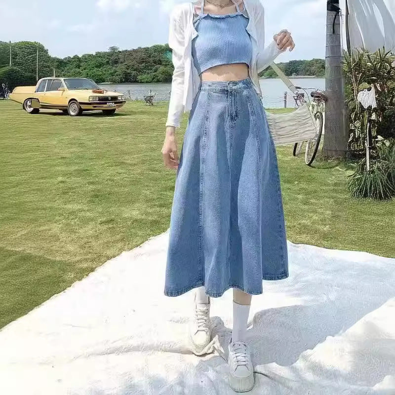 Plus-Size Denim "Umbrella" Midi | Chubby Girl High-Waist Slimming Large Swing A-Line Skirt