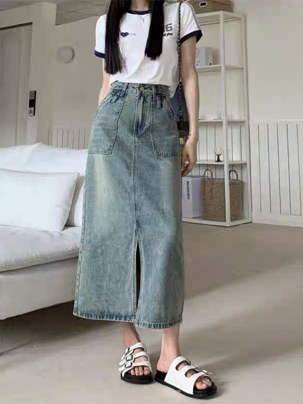 Vintage Denim Split Skirt | High-Waist "Belly-Covering" Slimming A-Line Pear-Figure Optimized Skirt