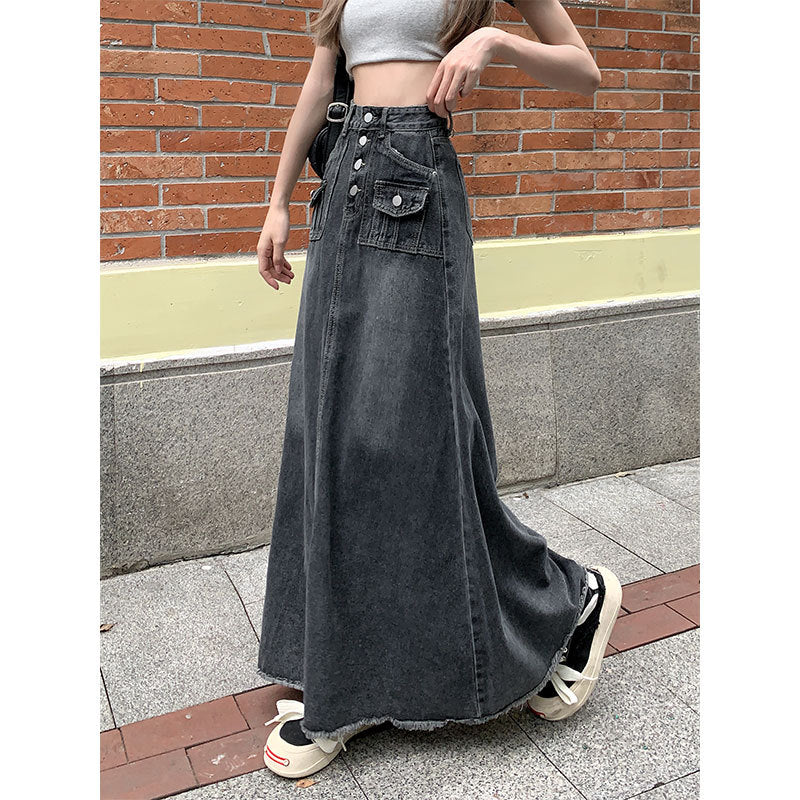 American Retro "Niche" Denim Long Skirt | Plus-Size High-Waist Loose A-Line Trendy Maxi