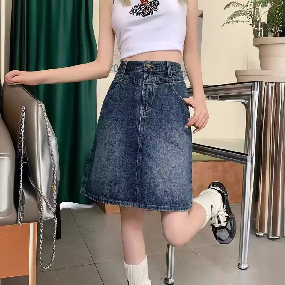 Heritage Blue Plus-Size Denim | Summer New "Fat-MM" Optimized High-Waist Slimming A-Line Mid-Length Skirt