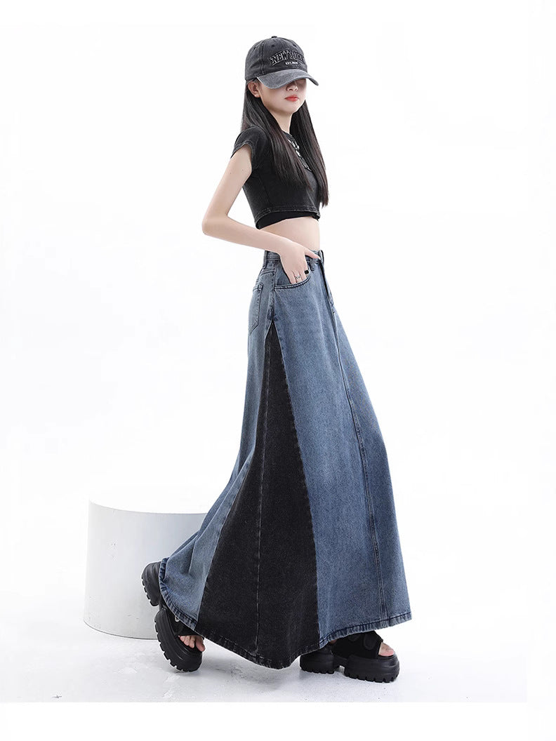 Unique Design Retro Color-Block Maxi | High-Waist Slimming Contrast Midi-Long Skirt for Spring & Autumn