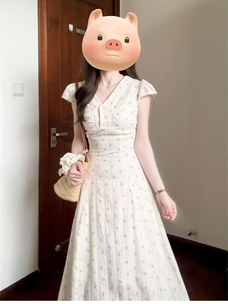 French Floral V-Neck A-Line Long Summer Dress Women