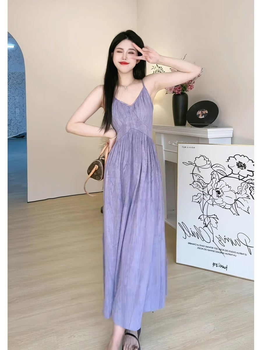 Purple Suspender Beach Dress Women Summer Vacation Style